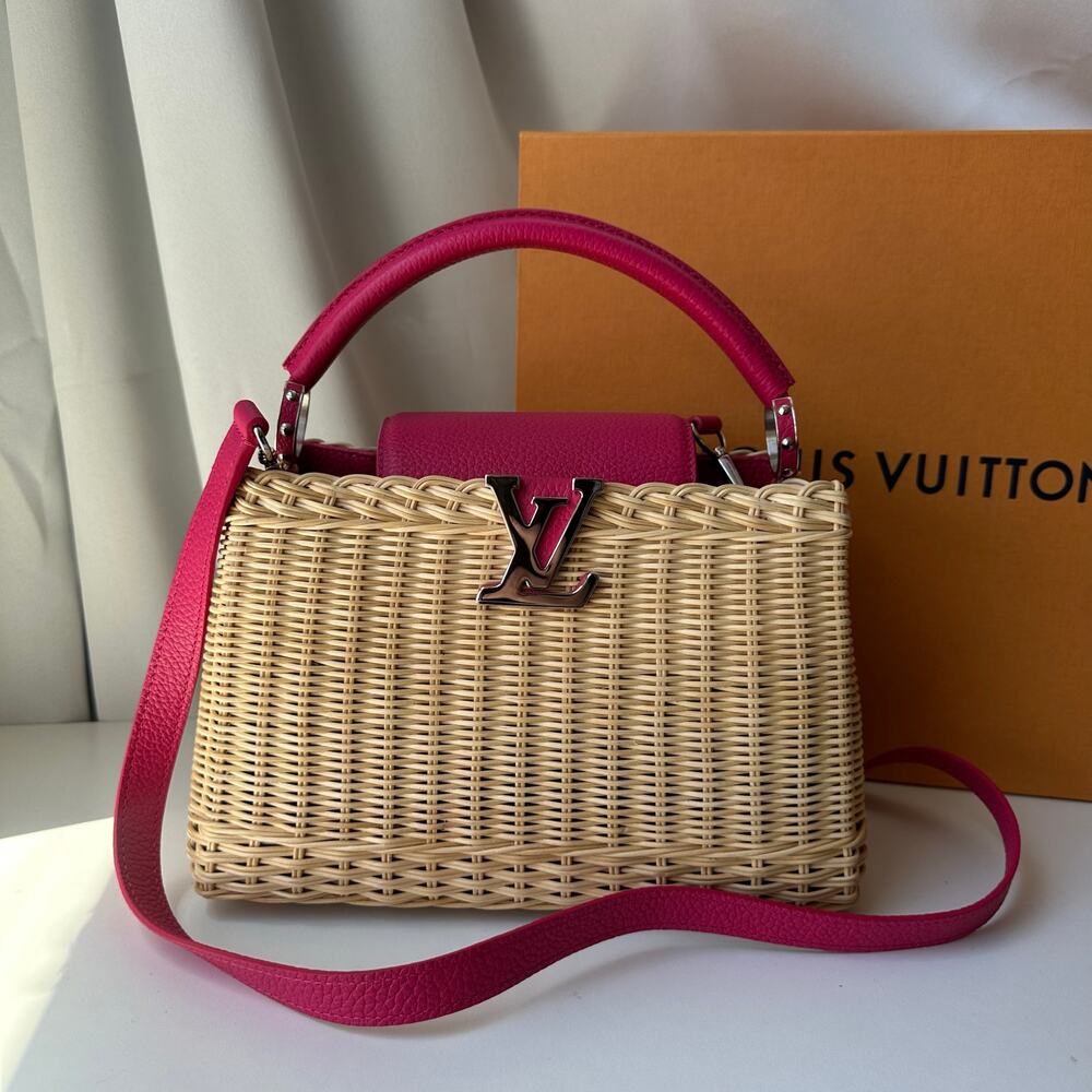 RARE! Louis Vuitton Monogram Capucines BB 2 Way Pink/Rattan Wicker Basket Bag